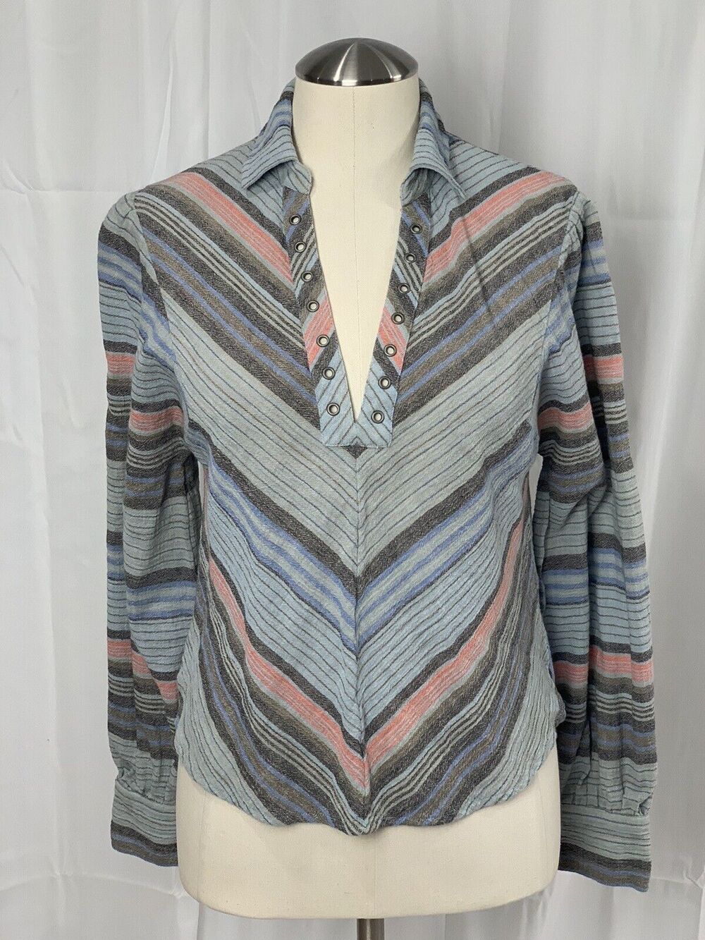 FREE PEOPLE Call My Name Blue Combo Multi Striped V-Neck Long Sleeve Boho Top S